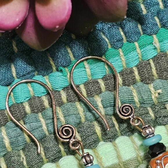 Artisan Hand Crafted Earrings Buddha Turquoise Russet Silver Black Beads Pierced - Picture 5 of 7